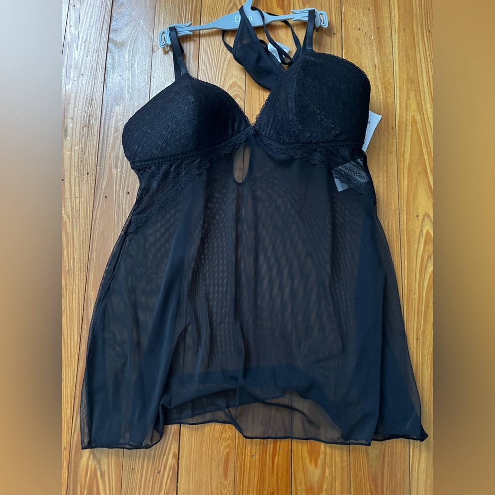 Flora Nikrooz Black Baby Doll Lingerie Two Piece Set